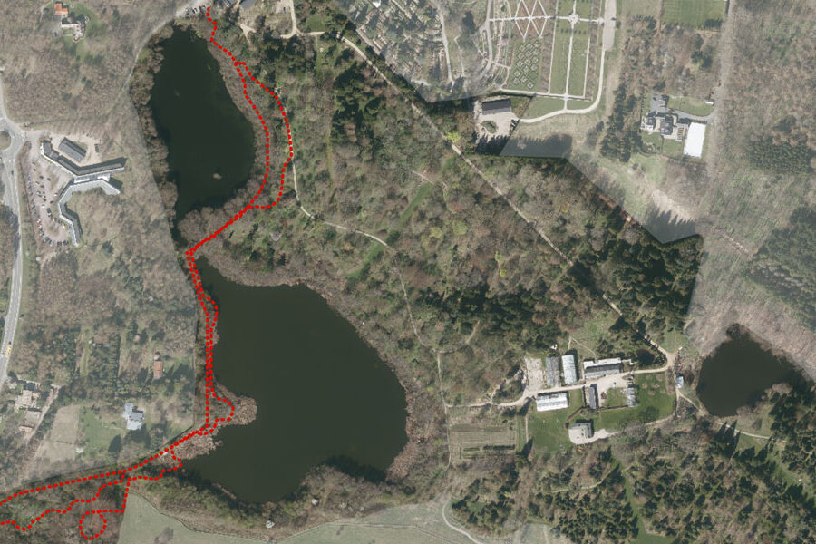 Luftfoto: Kort over ønskede stiforløb i Arboretet
